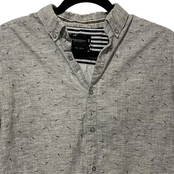 Denim & Flower Mens Large Gray Bird Print Short Sleeve Button Up Shirt Slim Fit - Picture 3 of 11